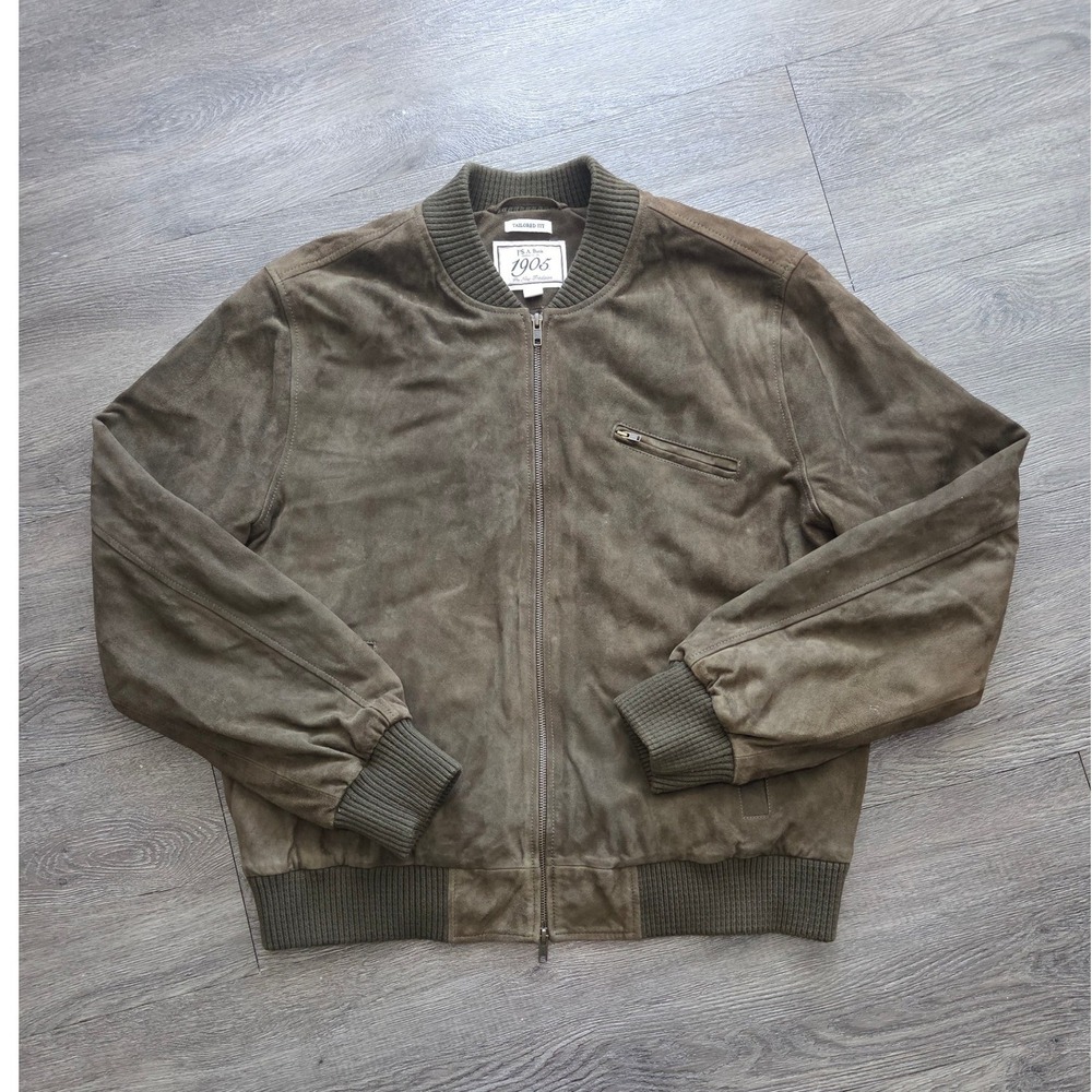Jos. A. Bank Bomber Jacket Mens XL Olive Green Suede Goat Leather Tailored Fit